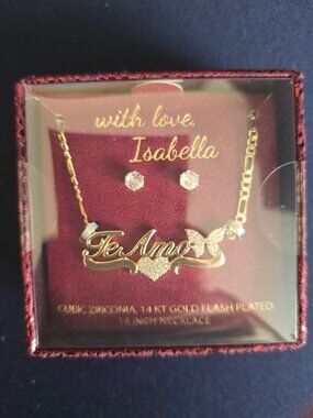 Custom Name Necklace Isabella Te Amo Gold Plated CZ Heart Butterfly Gift Set
